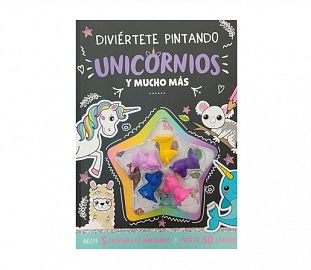LIBRO PARA COLOREAR DIVERTITE PINTANDO UNICORNIOS + CRAYONES C/FORMA Y STICKER